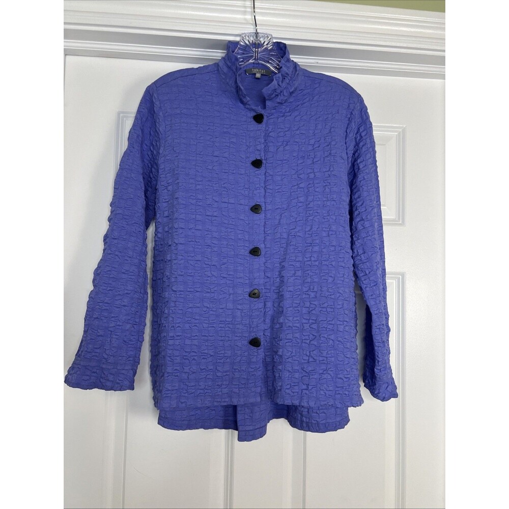 Habitat Mock Neck Button Up Shirt Size XS Hi Low Crinkle Periwinkle Blue
